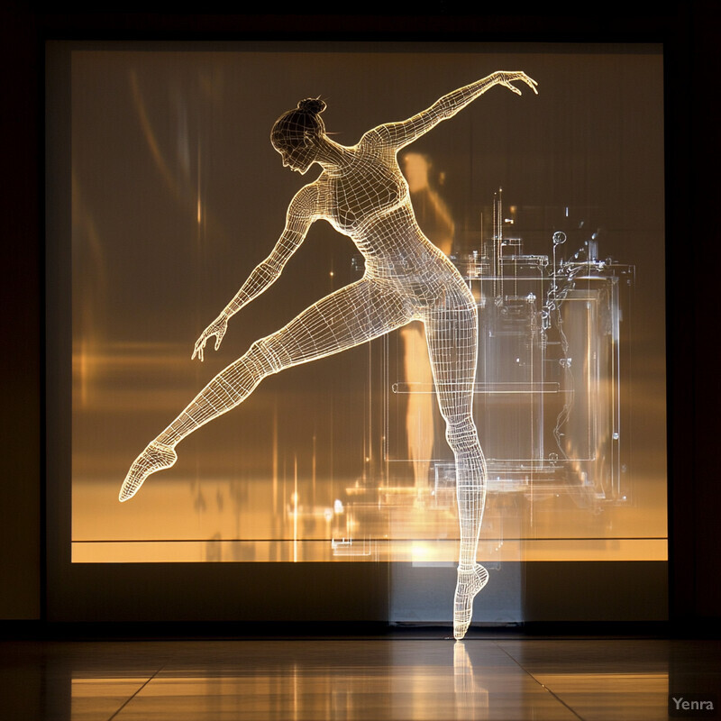 Interactive display featuring a wireframe-style rendering of a ballerina.