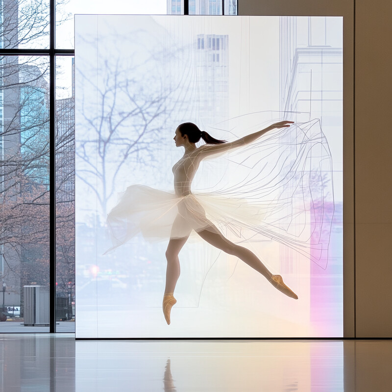 A ballerina in mid-air, with a flowing white tutu and serene expression.