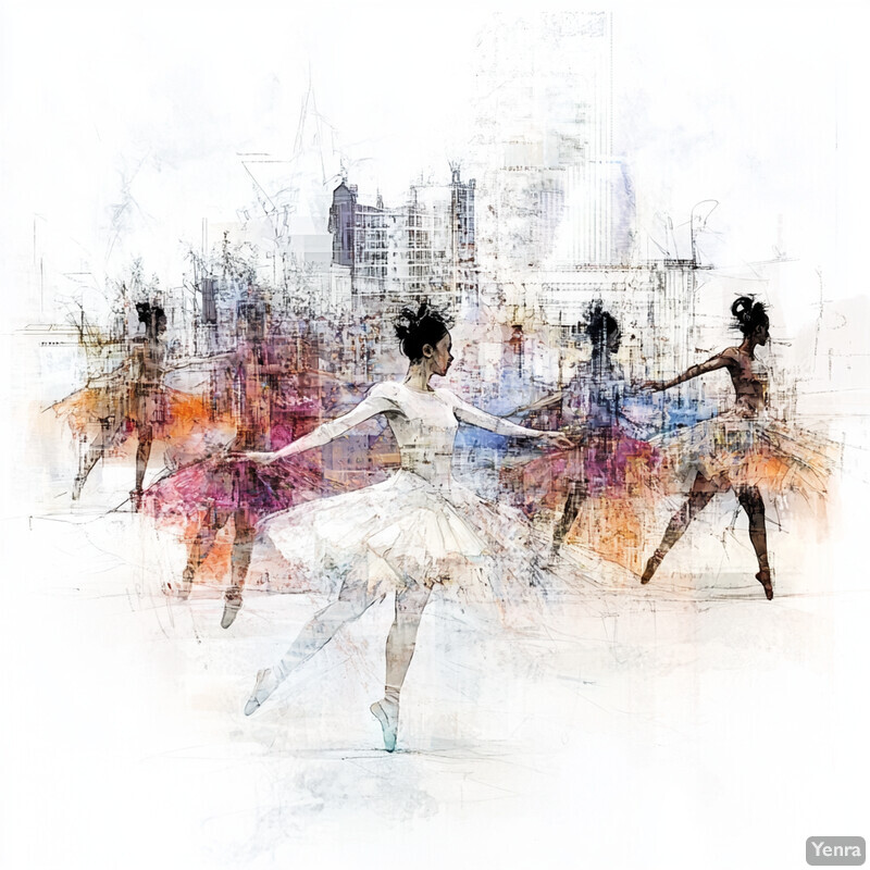 A watercolor painting of three ballerinas in various poses.