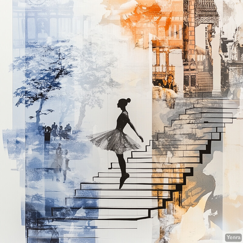 A ballerina in a tutu walking down a staircase.