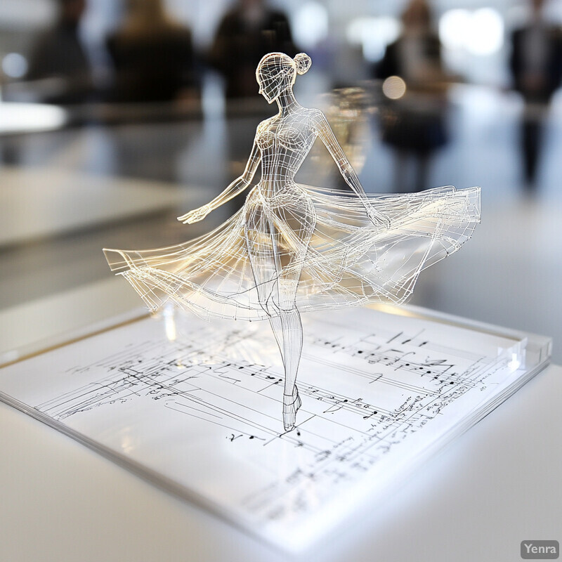 A transparent wireframe model of a ballerina on top of a sheet music stand.