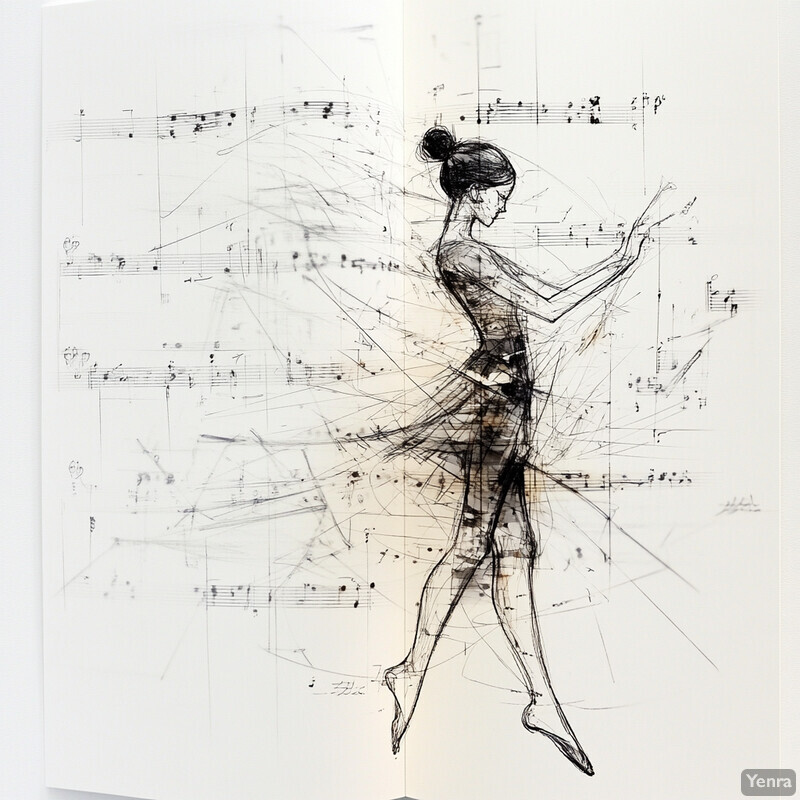 A ballerina's 3D form emerges from black scribbles on sheet music