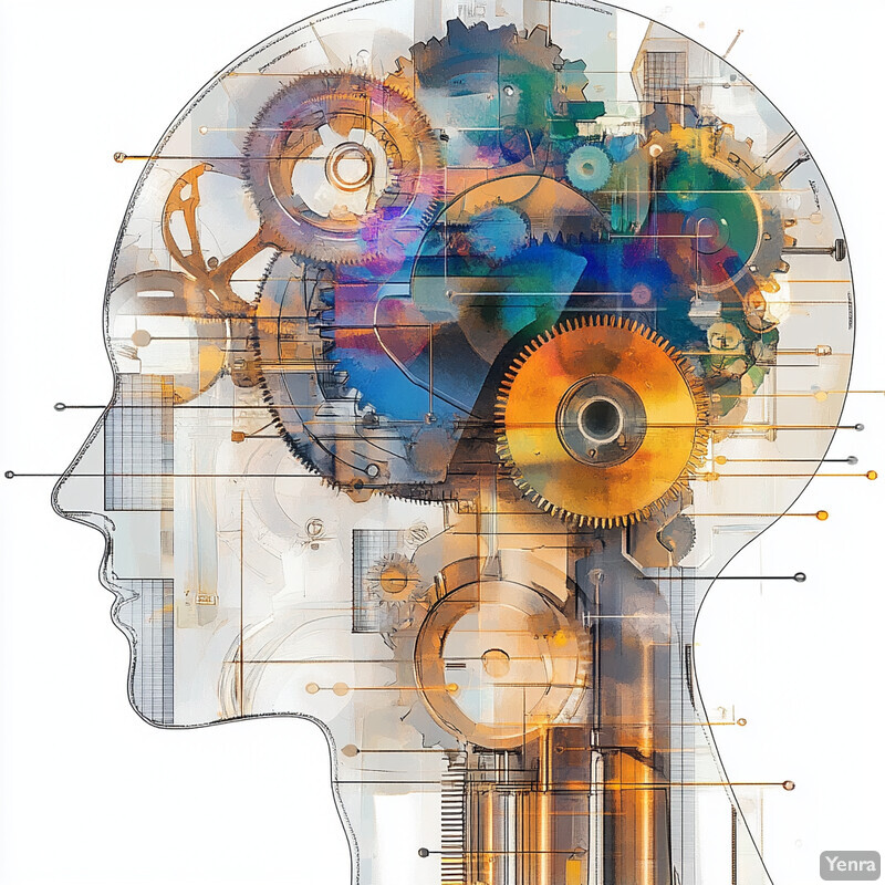 An abstract representation of a human head filled with gears and cogs, symbolizing the mechanical nature of thought processes.