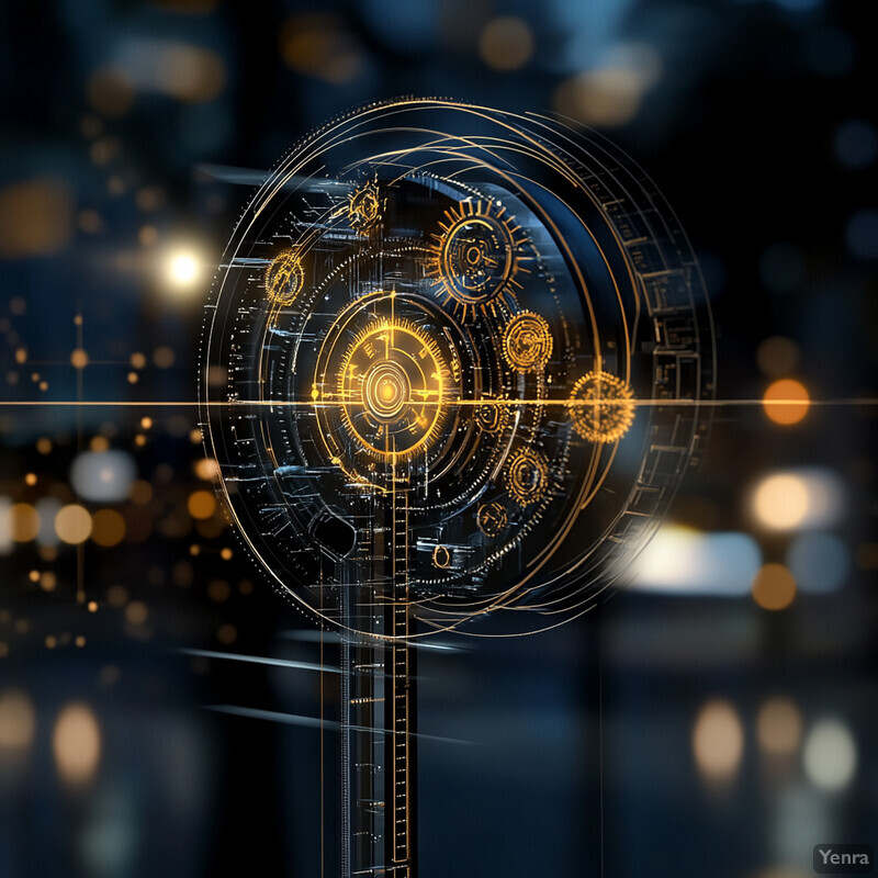 Abstract representation of a machine learning model with gears and cogs in a cityscape.