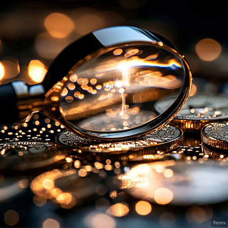 A mysterious scene featuring a magnifying glass and scattered gold coins in a dark room.