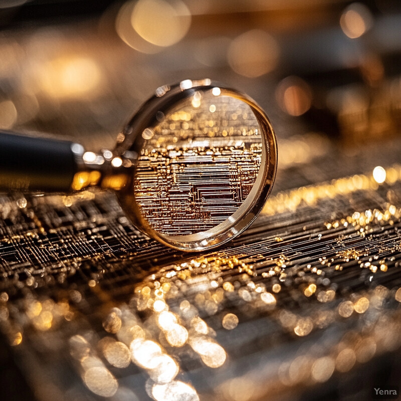 A magnifying glass is positioned on top of a circuit board, examining its intricate details.