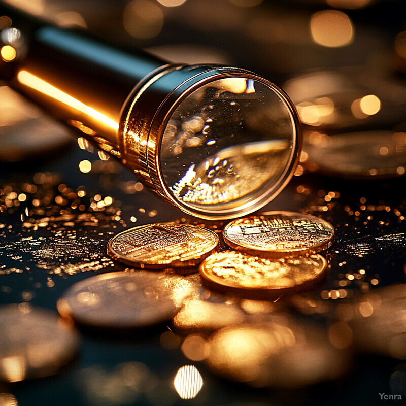 A close-up image of a magnifying glass and gold coins on a dark background.