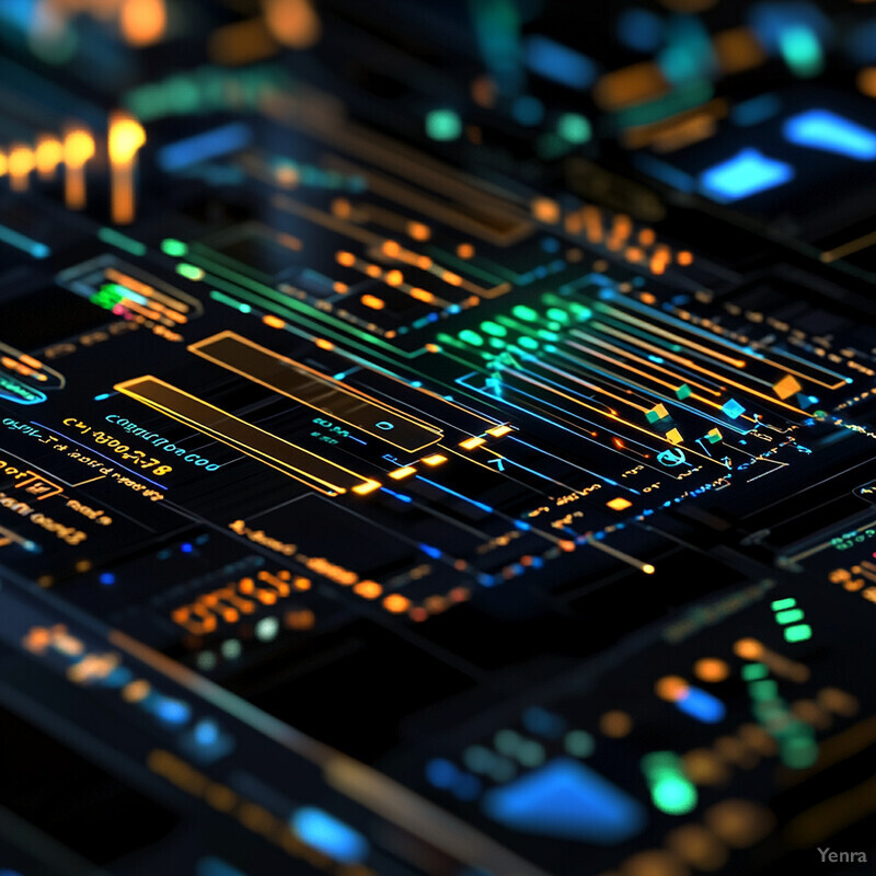 A computer-generated graphic of a circuit board with various components and wires.