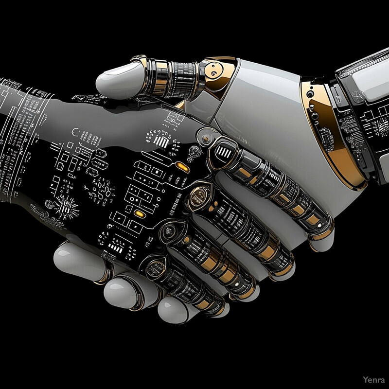 Two robotic hands clasped together in a gesture of friendship or unity.