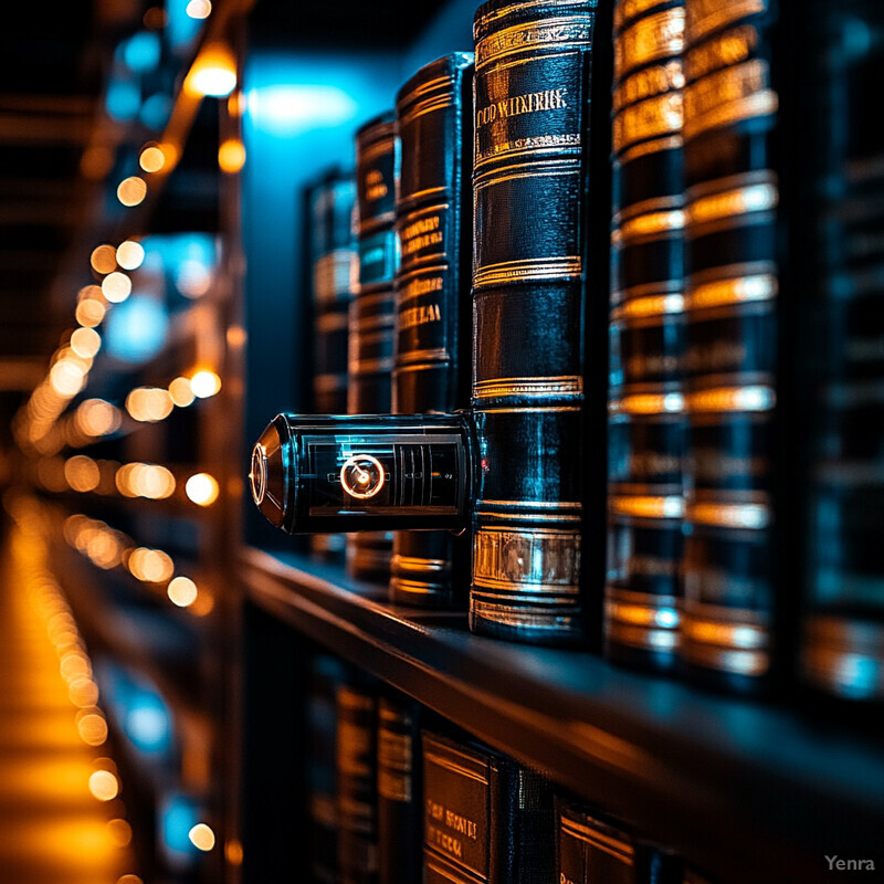 A dimly lit room with rows of bookshelves filled with leather-bound books.