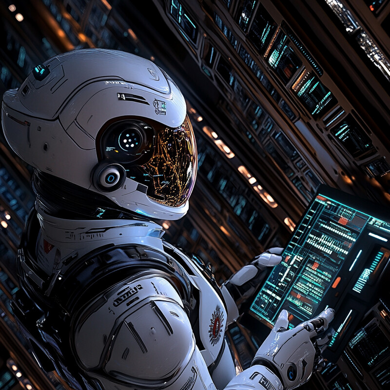 An astronaut in a futuristic setting surrounded by screens and data displays.