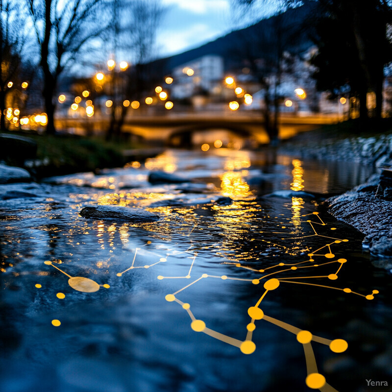 A serene riverbank scene at dusk, with a shallow stream and a yellow line graph overlay.