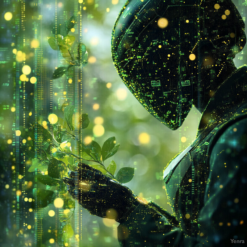 A robot holds a plant in its hand against a backdrop of green foliage.