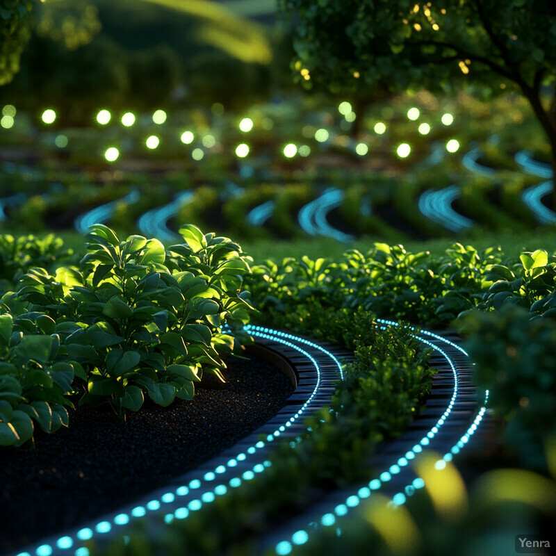 A serene outdoor setting with lush greenery and a winding path illuminated by blue lights.