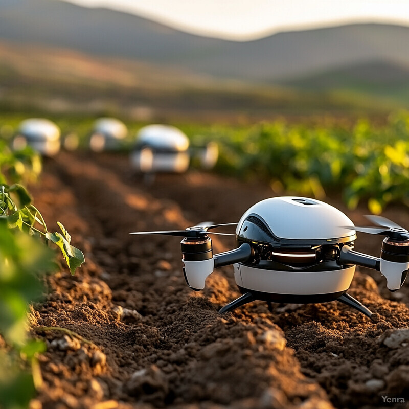 Small drones are used to monitor and collect data on crops in a well-maintained agricultural field.