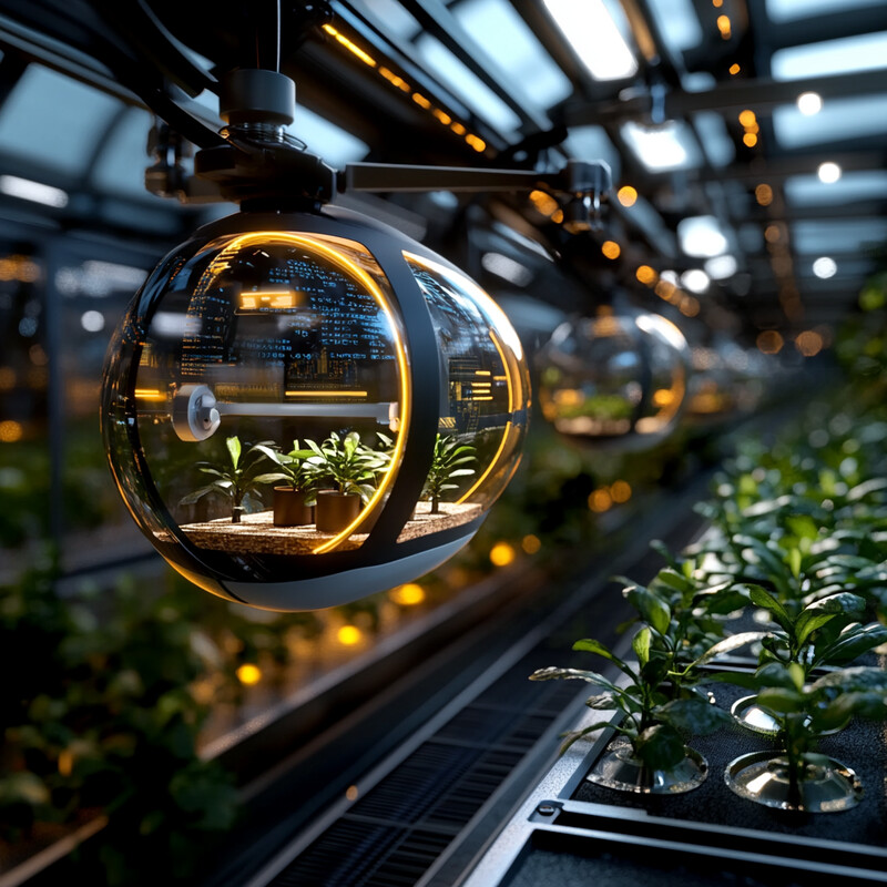 A futuristic greenhouse with rows of plants growing in hydroponic systems, illuminated by LED grow lights.