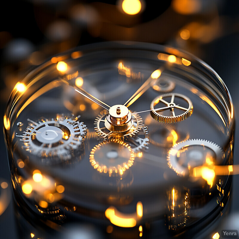 A close-up view of a timepiece's internal mechanisms and gears