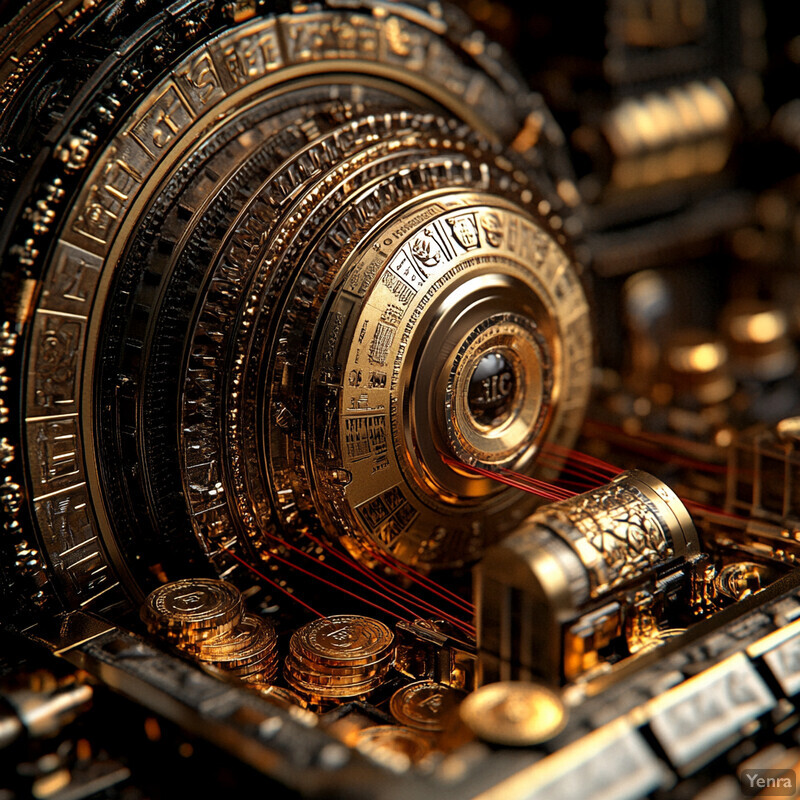 A close-up view of an intricate mechanical device featuring a large, circular gear with engravings and smaller gears.