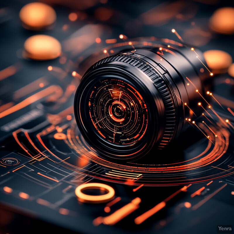 An abstract representation of fraud detection and prevention, featuring a camera lens surrounded by intricate circuitry patterns.