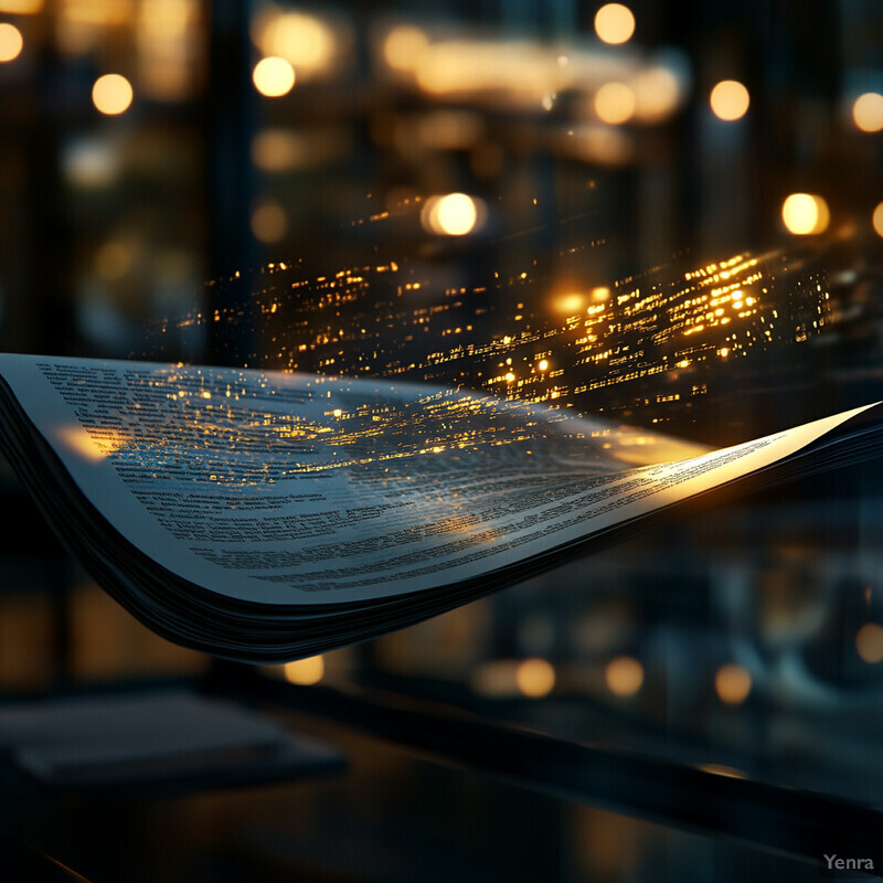 An open book with pages floating in mid-air, set against a city skyline at night.