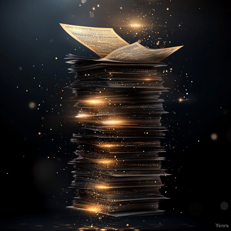 An abstract representation of natural language processing for document review, where a stack of papers is illuminated by gold light.