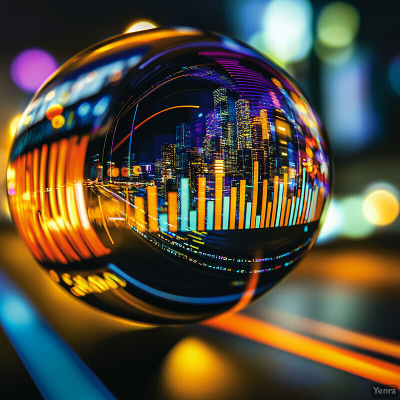 A cityscape at night, captured through a glass ball with a reflective surface, showing vibrant colors and bustling activity.