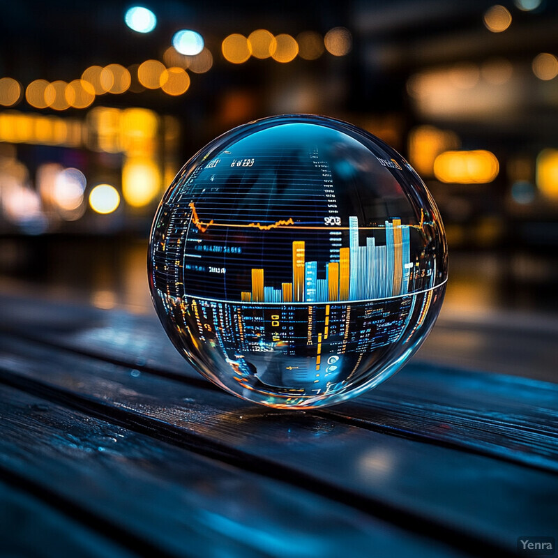 A crystal ball reflects a graph with upward-trending data points in an office setting.