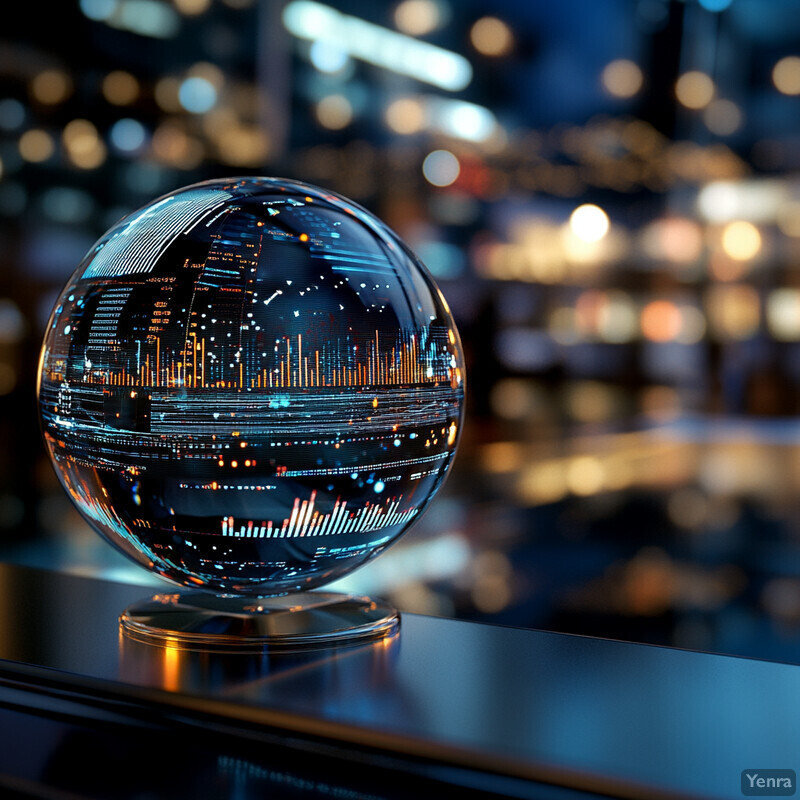 A clear crystal ball sits on a reflective surface in an indoor setting.