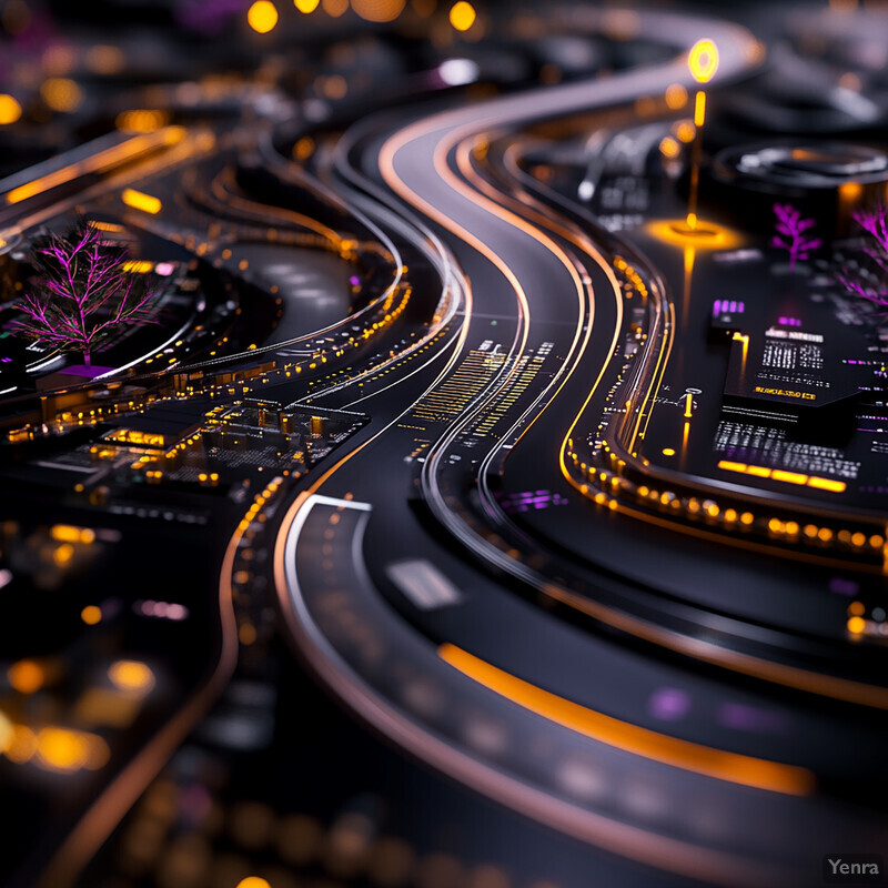 An abstract representation of a cityscape at night, featuring curved and straight roads, buildings, and sparse purple accents.