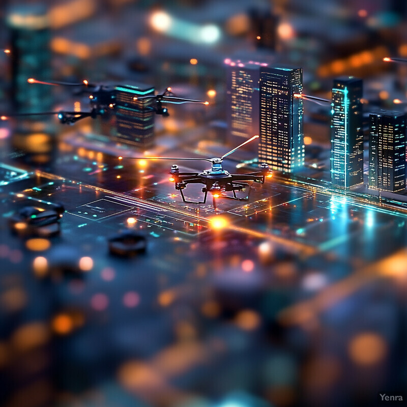 A futuristic city is depicted with drones and helicopters flying above it.