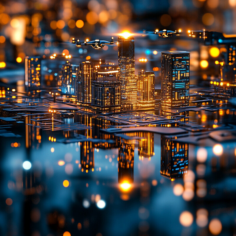 A cityscape at night with tall buildings, skyscrapers, and a lively atmosphere.