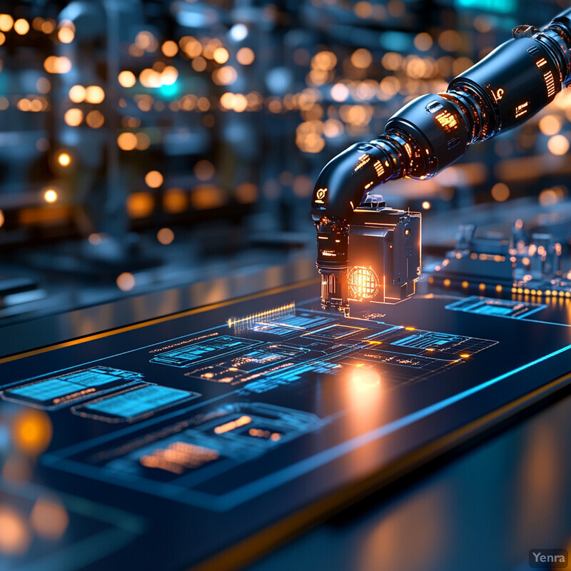 A robotic arm is shown in an industrial setting, likely used for manufacturing or assembly purposes.