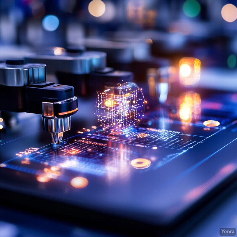 Robotic process automation system in action, assembling electronic components on a circuit board.