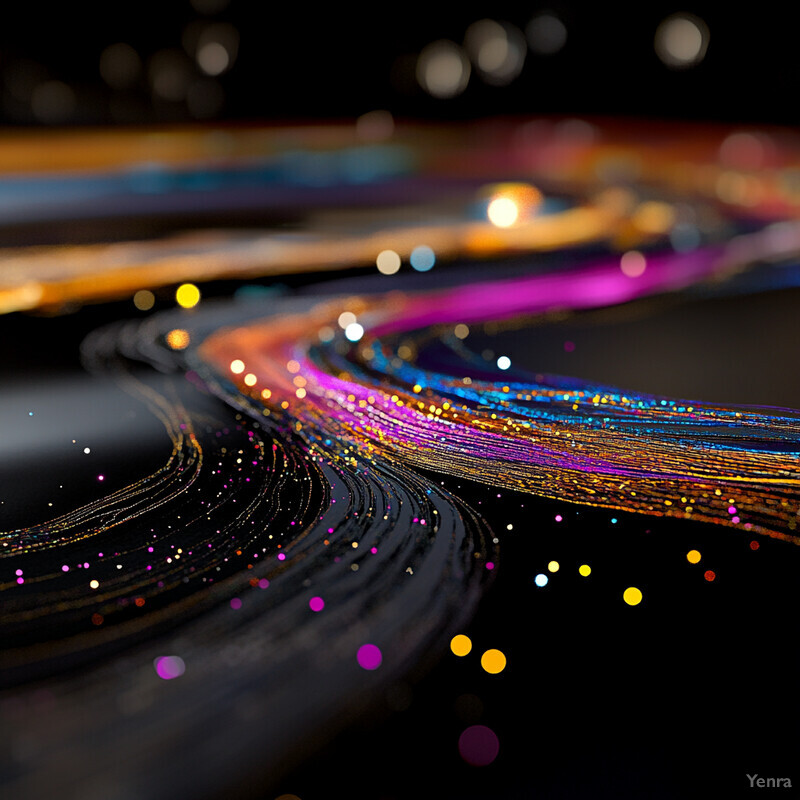 A dynamic and colorful visualization representing data integration with swirling patterns of interconnected lines in blue, orange, and pink on a black background.