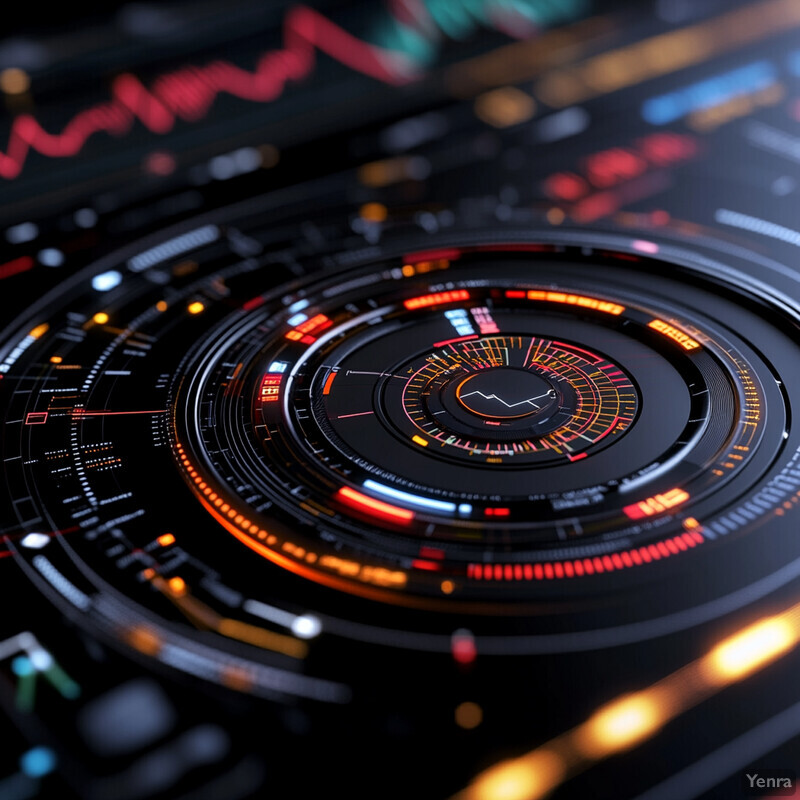 A futuristic-looking dashboard with various gauges and indicators, possibly from an airplane cockpit.