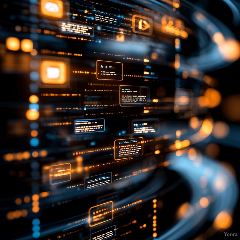 A complex visual representation of data analysis, including glowing rectangles representing different categories or types of data, and various shapes such as circles, squares, and triangles potentially representing different aspects of the data or different types of analysis. The dark background emphasizes these elements and creates a sense of focus.