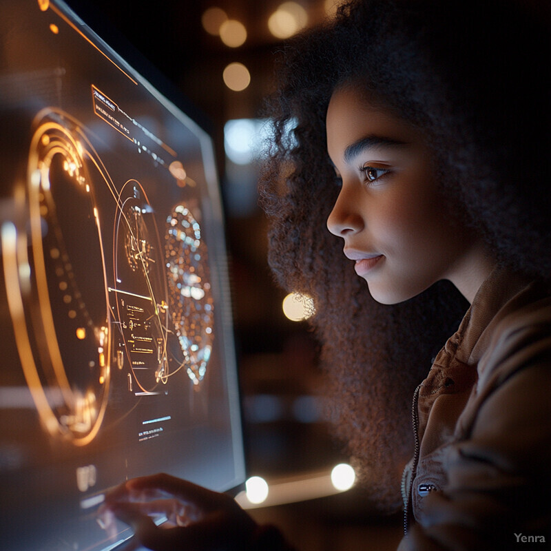 A young girl is intently gazing at an illuminated screen displaying various circular shapes.