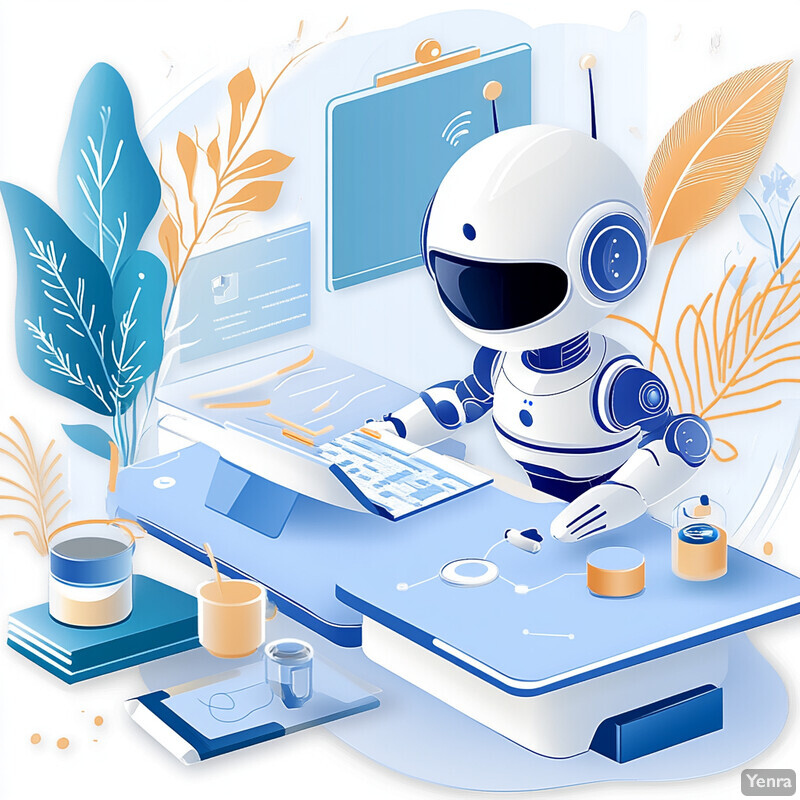 A robot sits at a desk in an office setting, surrounded by various objects and tools.