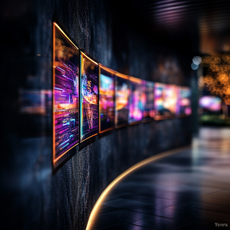 A dimly lit room with a curved wall featuring several framed pieces of artwork or photographs.