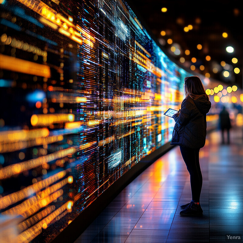 A woman stands in front of a large digital display, gazing at the vibrant visuals on the screen.