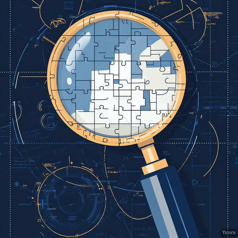 A magnifying glass with a puzzle piece design inside it is set against an abstract background featuring various shapes and lines in shades of blue and yellow.