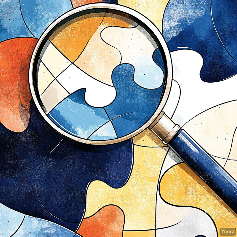 A magnifying glass is placed over a colorful abstract design.