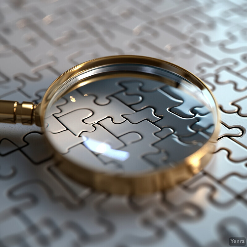 A close-up view of a magnifying glass placed on top of a jigsaw puzzle, highlighting the intricate details of the puzzle pieces.