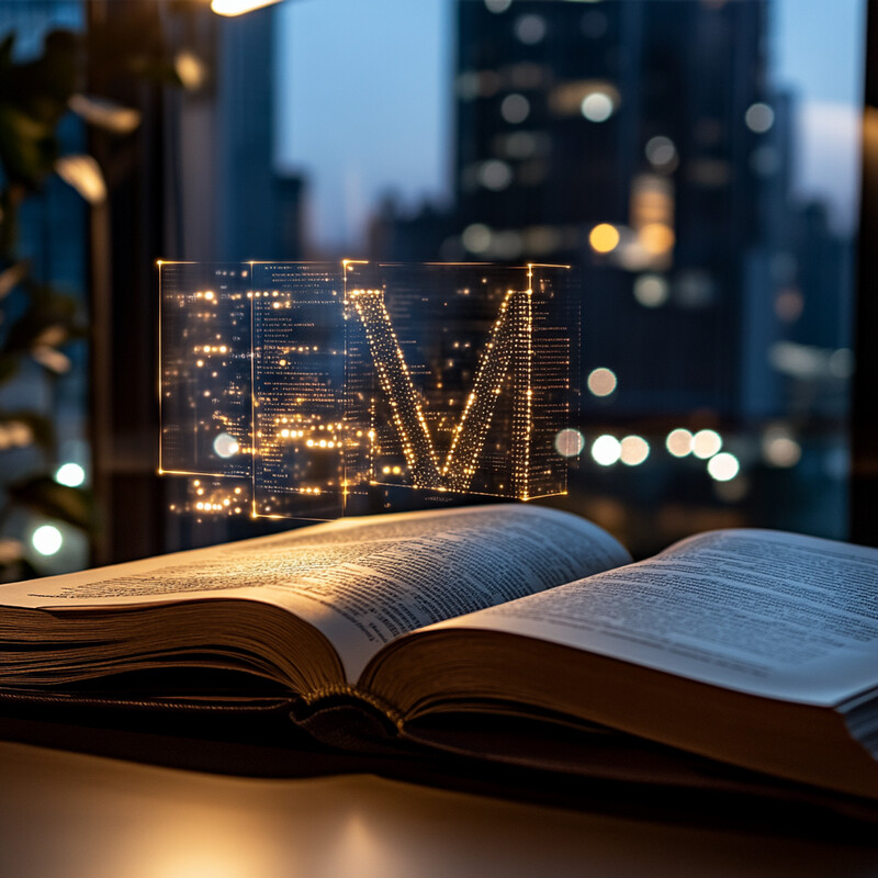 An open book lies on a table in front of a window with city lights outside.