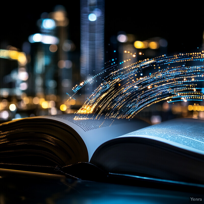 An open book on a dark surface against a blurred cityscape at night.