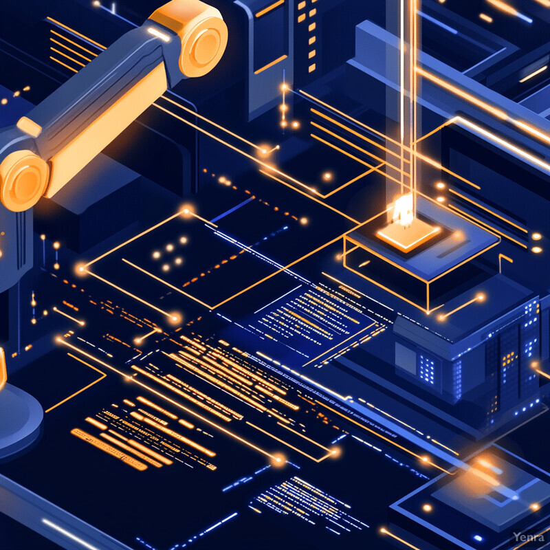 An abstract representation of artificial intelligence with interconnected components and devices.