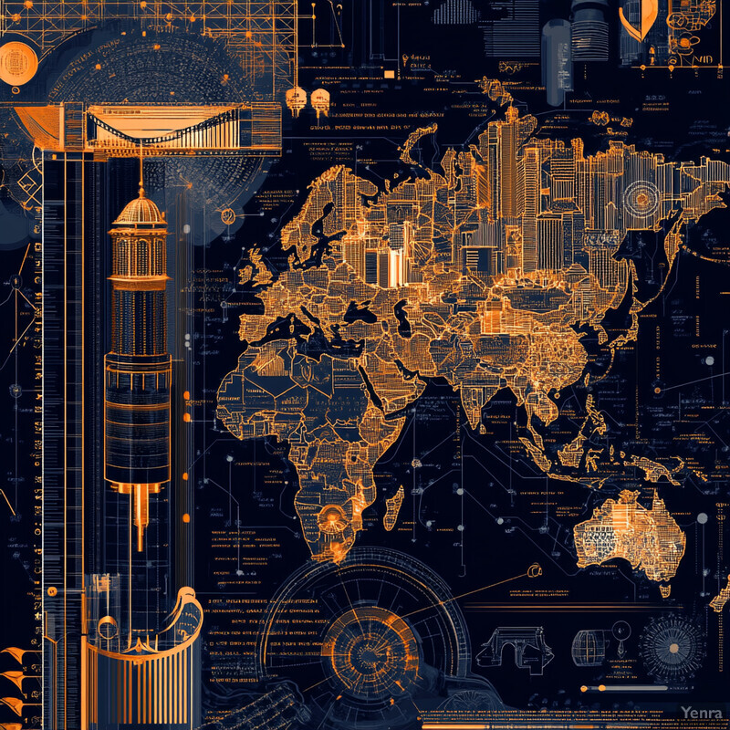 A technical diagram or blueprint featuring dark blue and orange colors, highlighting mechanical components and electrical connections within a larger structure.