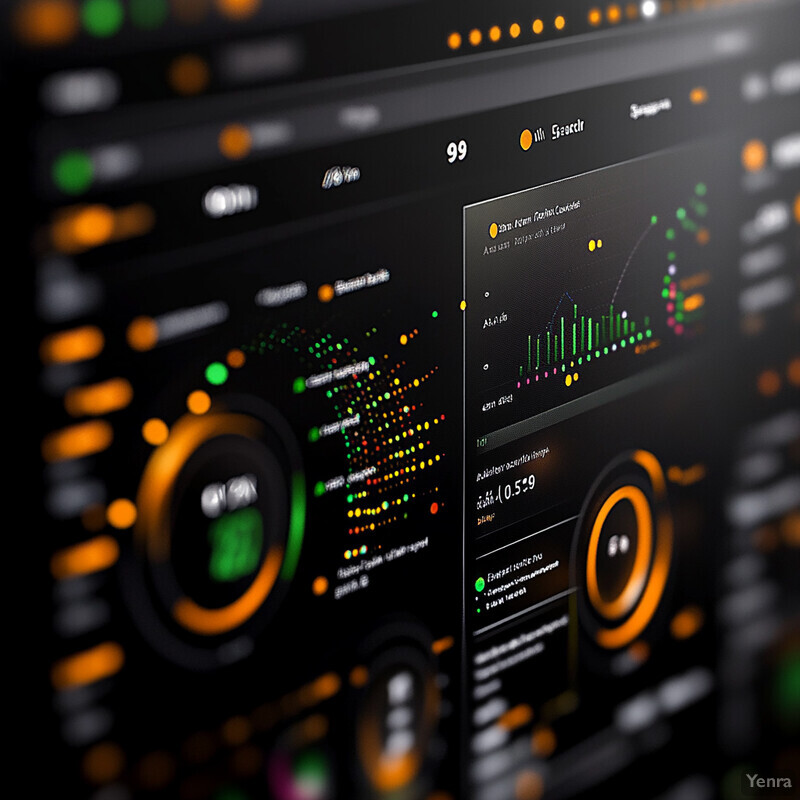 A computer-generated dashboard displaying various visual elements, including bar graphs and circular gauges.