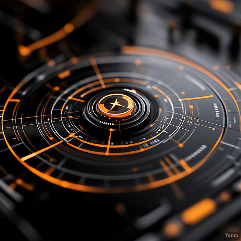 A futuristic and high-tech interface with a black background, orange accents, and white lines.