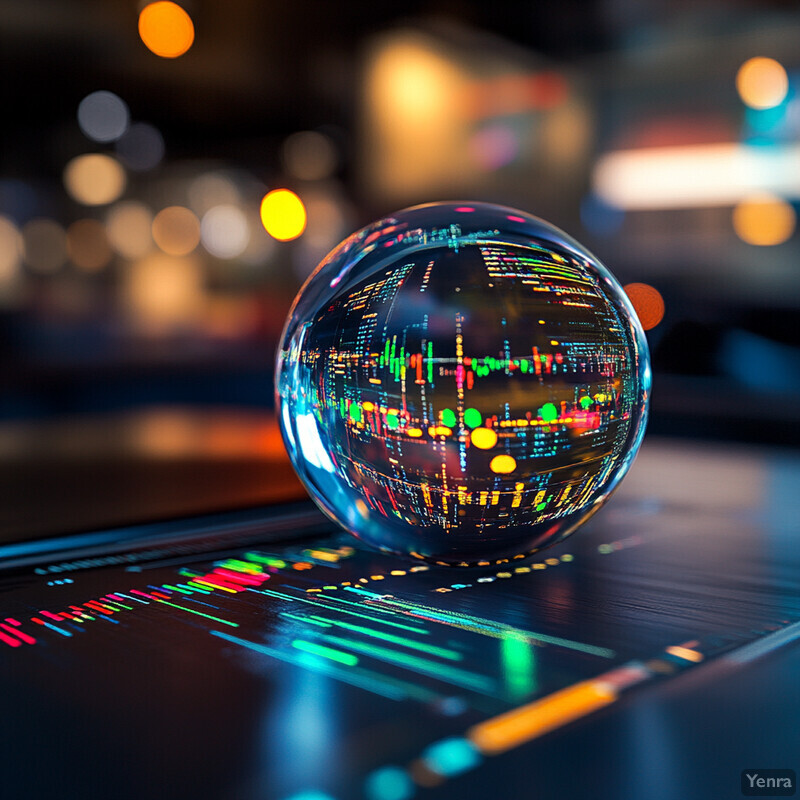 A crystal ball sits on top of a stock market chart, surrounded by colored lights and symbols, with a blurred cityscape visible in the background.